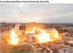 Sprenging av Israa universitetet, Gaza, skjermdump fra X